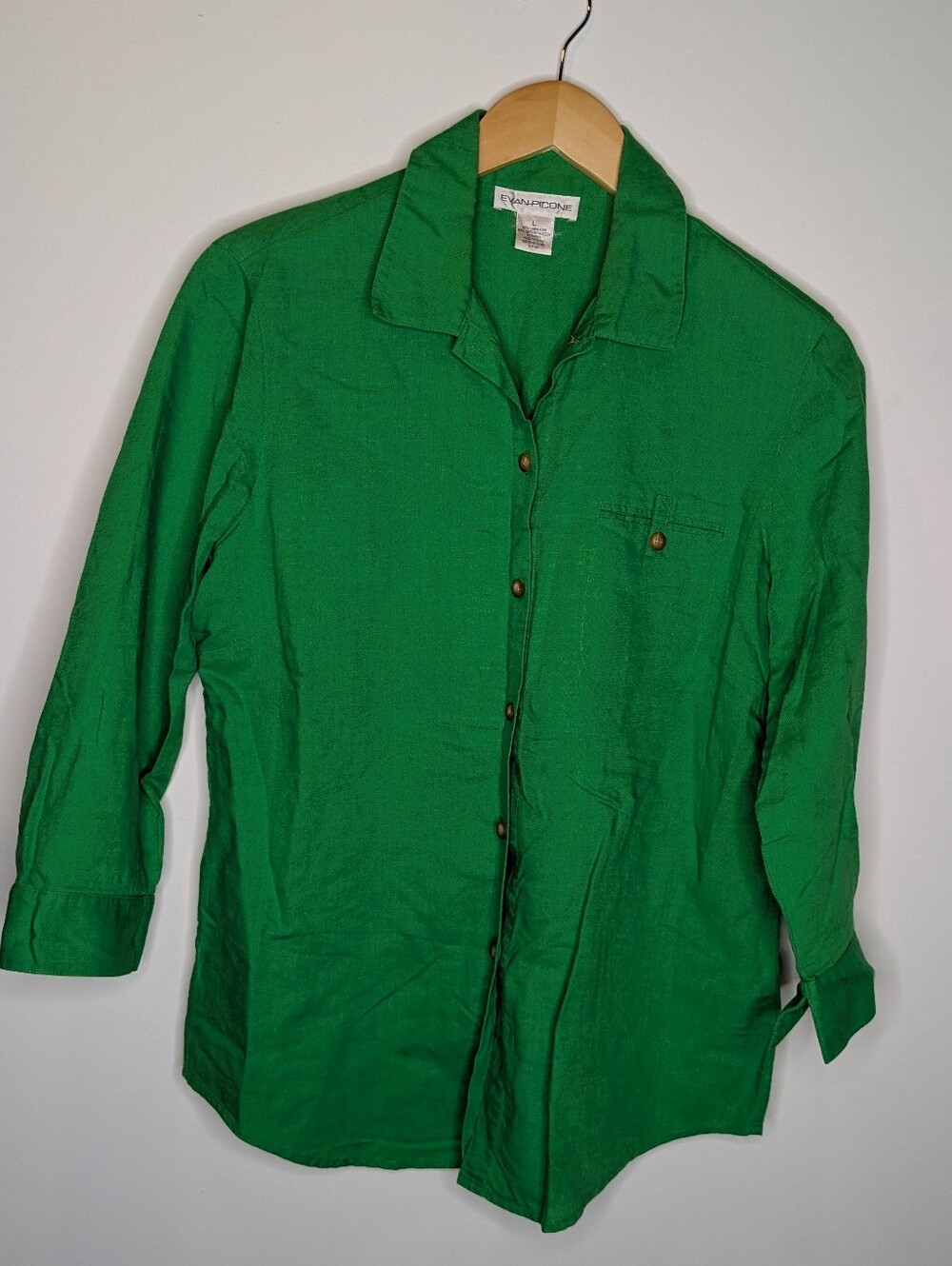 Evan Picone Vibrant Green Collared Shirt 100% Linen Large